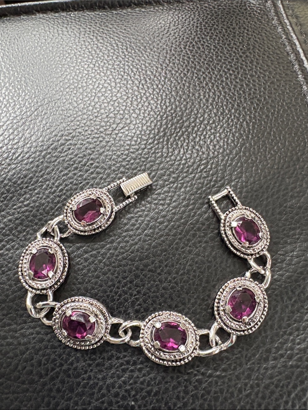 Vintage Sarah Cov Canada Silver Rhodium Bracelet with Purple Oval Gemstones
